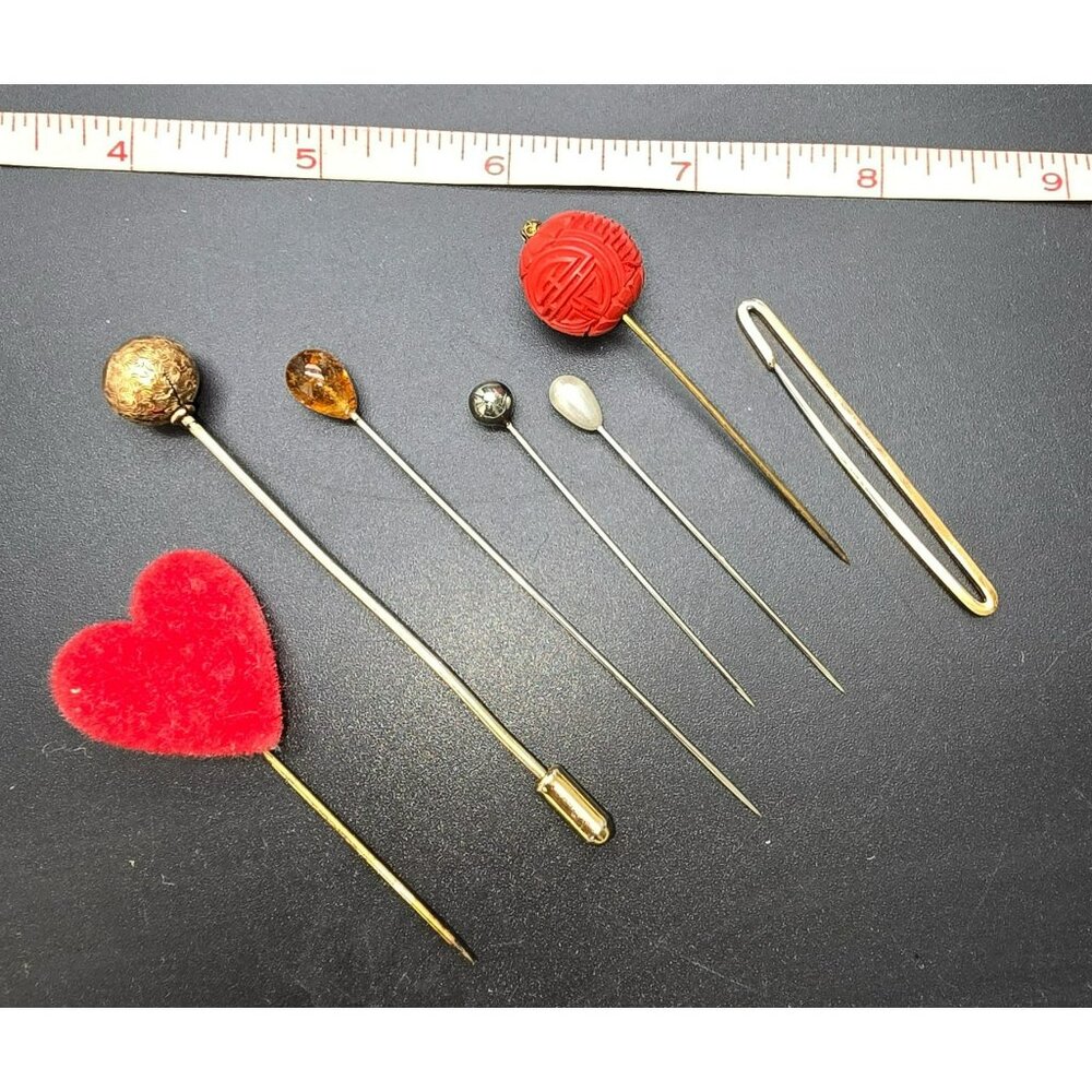 Vintage Hat Pins & Stick Pins Collection With Gold-Tone Cinnabar Etc HS210